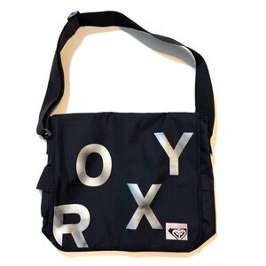 Roxy Black Messenger Bag Silver Logo Letters & Pink Logo Patch Y2K School Bag